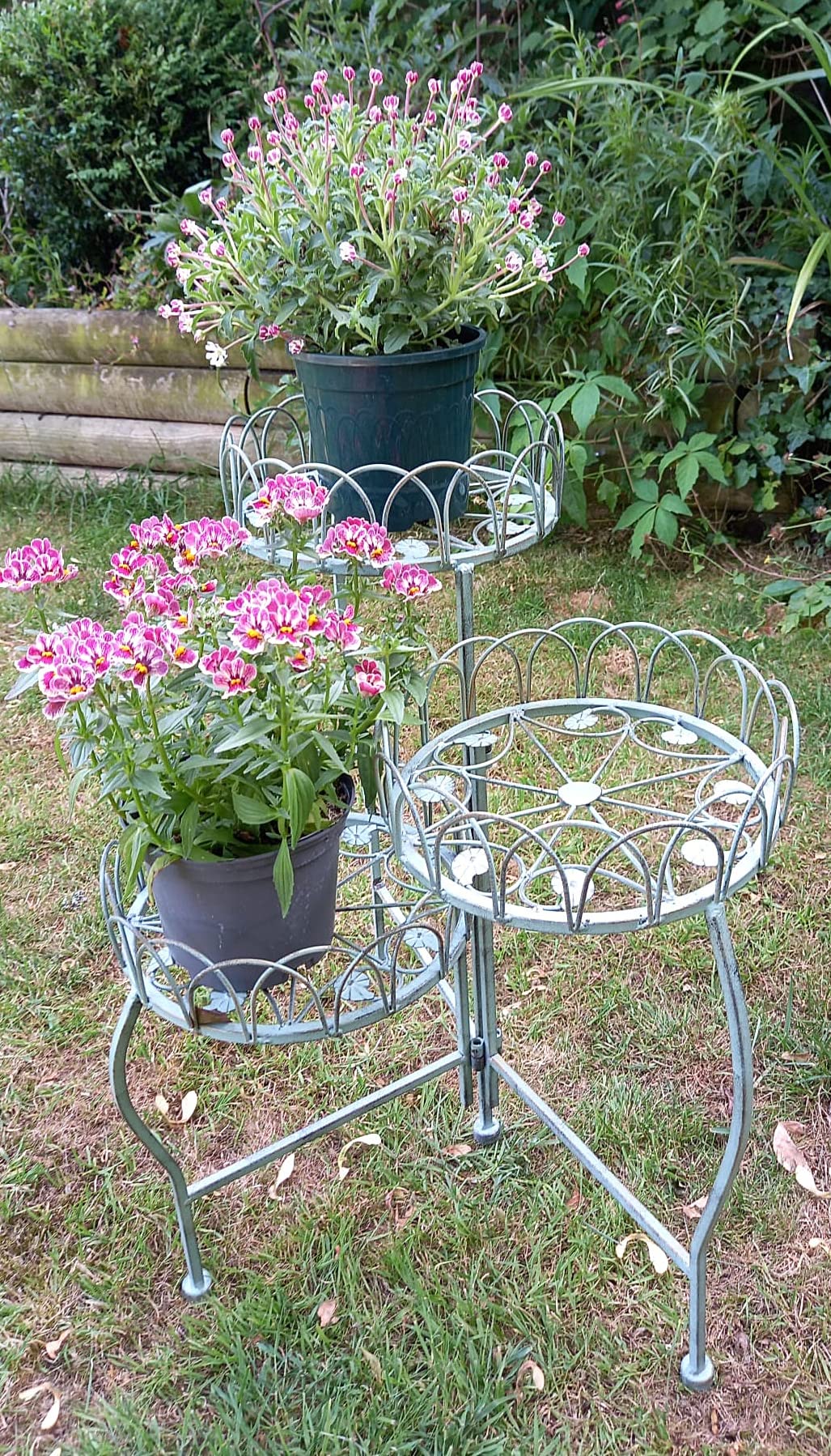 Inspirational Gifting Beautiful Verdigris Metal Folding Three-Tiered Decorative Plant Pot Holder - A Lovely Way to Display Your Plants Indoors or Outdoors