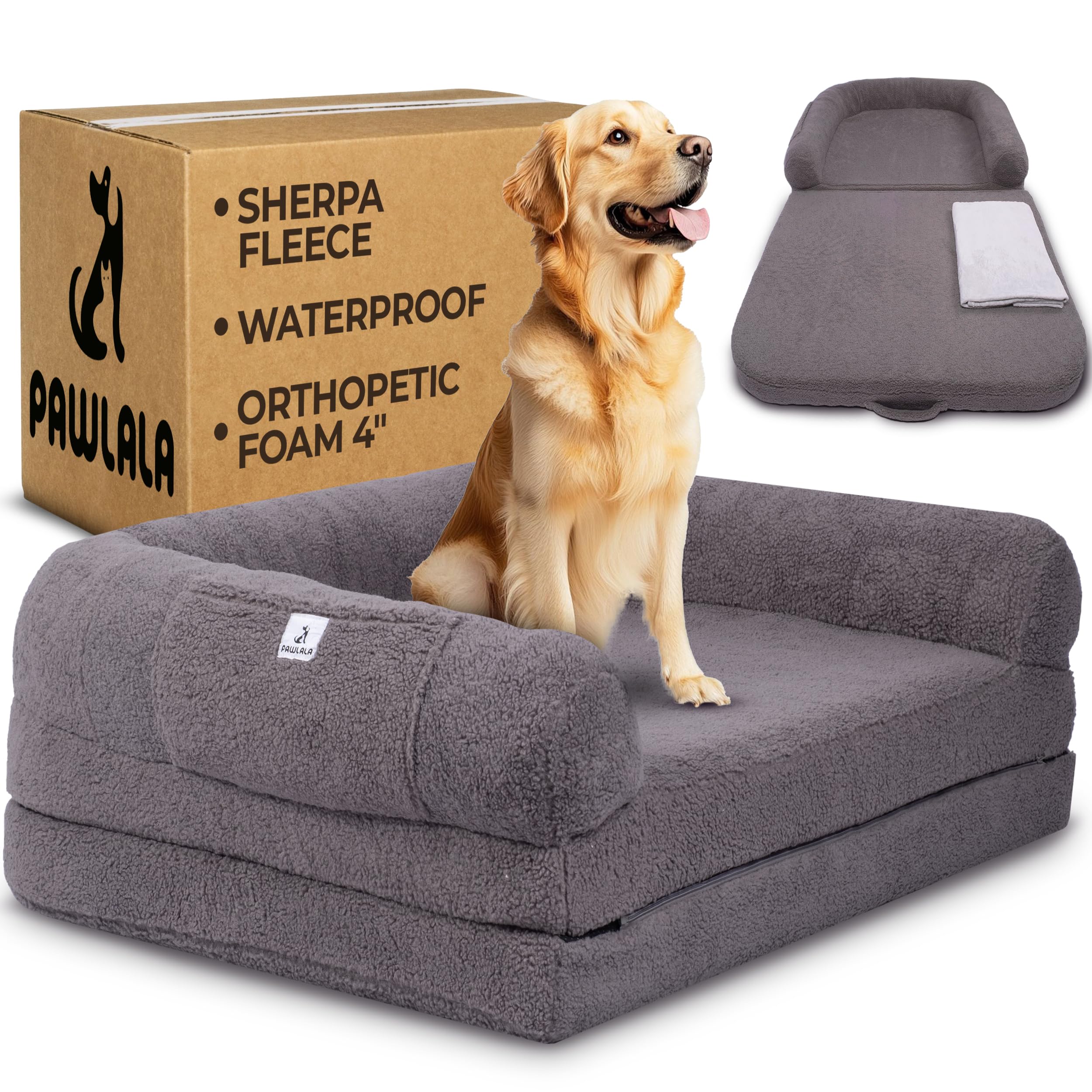 Photo 1 of 2 in 1 Human Dog Bed for Adult Foldable – Waterproof, Orthopedic Foam, Machine Washable Sherpa Cover, Non-Slip Base – Human Size Dog Bed (Dolphin Gray, 72x44x11)