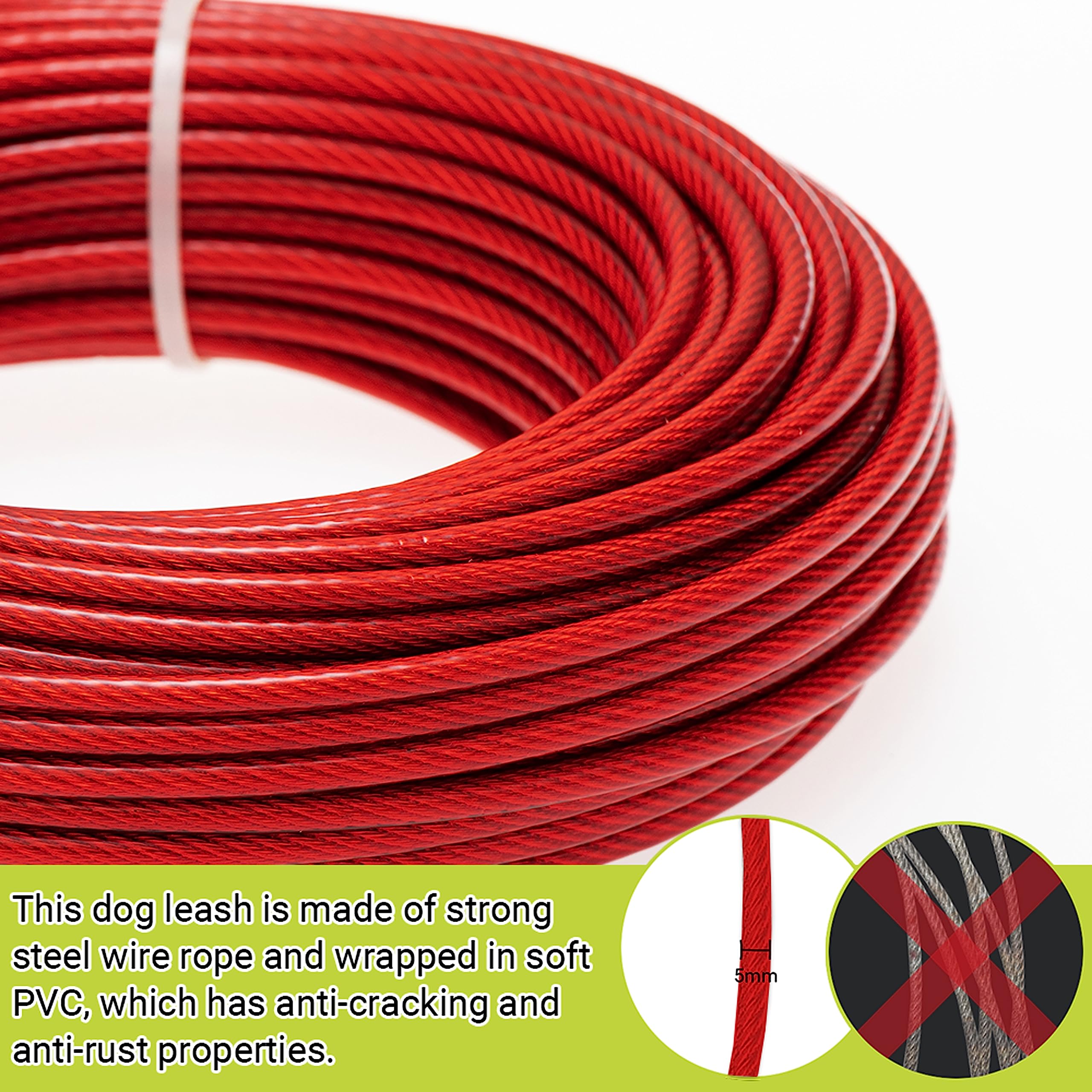 Câble d'attache pour chien – Câble pour chien de 30,5 m de long avec câble de course de 3 m pour l'entraînement dans la cour, course, camping, randonnée en extérieur – Laisse robuste anti-mastication