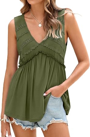 Glamaker Women Summer Tank Tops Babydoll Beach Lace Peplum Tops Boho Flowy Sleeveless V Neck Casual Tunic Shirts