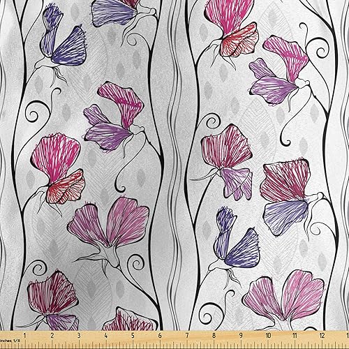 Ambesonne Spring Fabric by The Yard, Abstract Repeating Pattern of Flowers on Thin Branches in Design, Decorative Satin Fabric for Home Textiles and