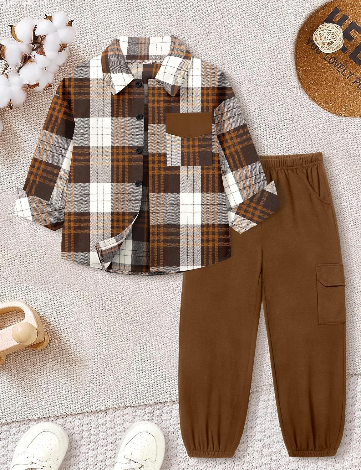 Toddler Boys Clothes Long Sleeve Flannel Plaid Button Shirt +Cargo Pants 2 Pcs Fall Winter Kids Outfits Set for 3-8T - Image 6