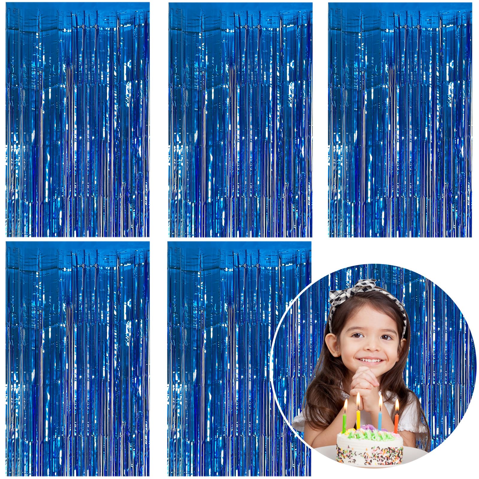 5 Pack Foil Curtain Backdrop Blue Metallic Tinsel Foil Fringe Curtains Photo Booth Props for Birthday Wedding Engagement Baby Shower Bachelorette