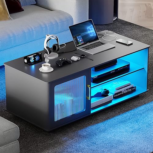 Miniatura 7 de Gurexl Mesa de centro con estación de carga, mesa de comedor regulable de 3 colores con armario de almacenamiento grande para sala de estar, mesa de