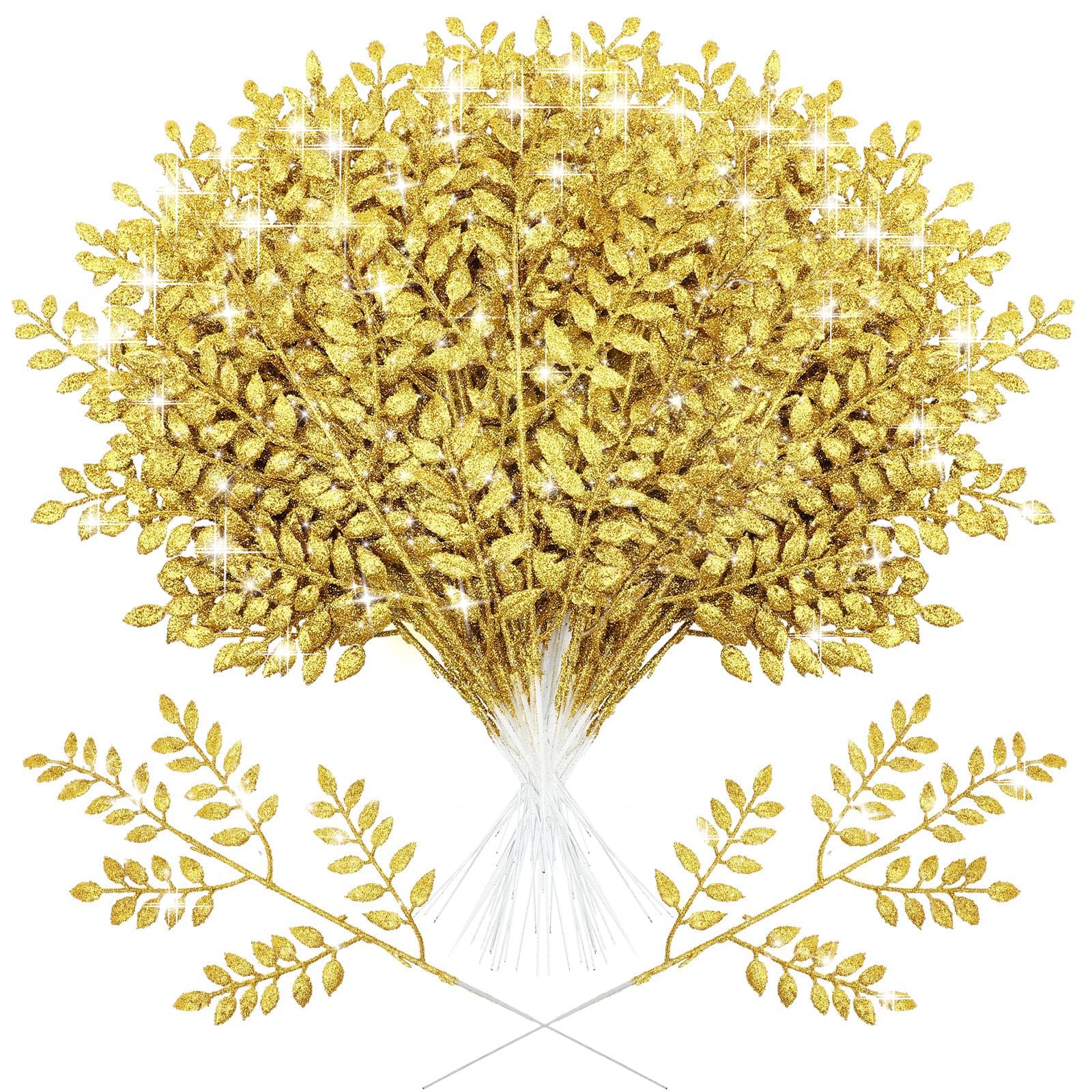 Excefore50Pcs Glitter Artificial Picks Shinny Leaf Spray Tree Picks and Sprays Floral Picks for Winter Wreath Vase Fillers DIY Floral Arrangements (Gold)