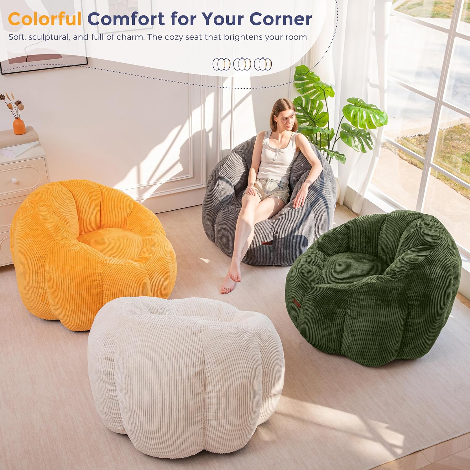 MAXYOYO Giant Bean Bag Chair, Pumpkin-Shaped Bean Bag Sofa, Oversized Boneless Couch Sofa in a Box, Comfy and Lazy Lounge Chair for Dorm, Living Room, Dark Grey