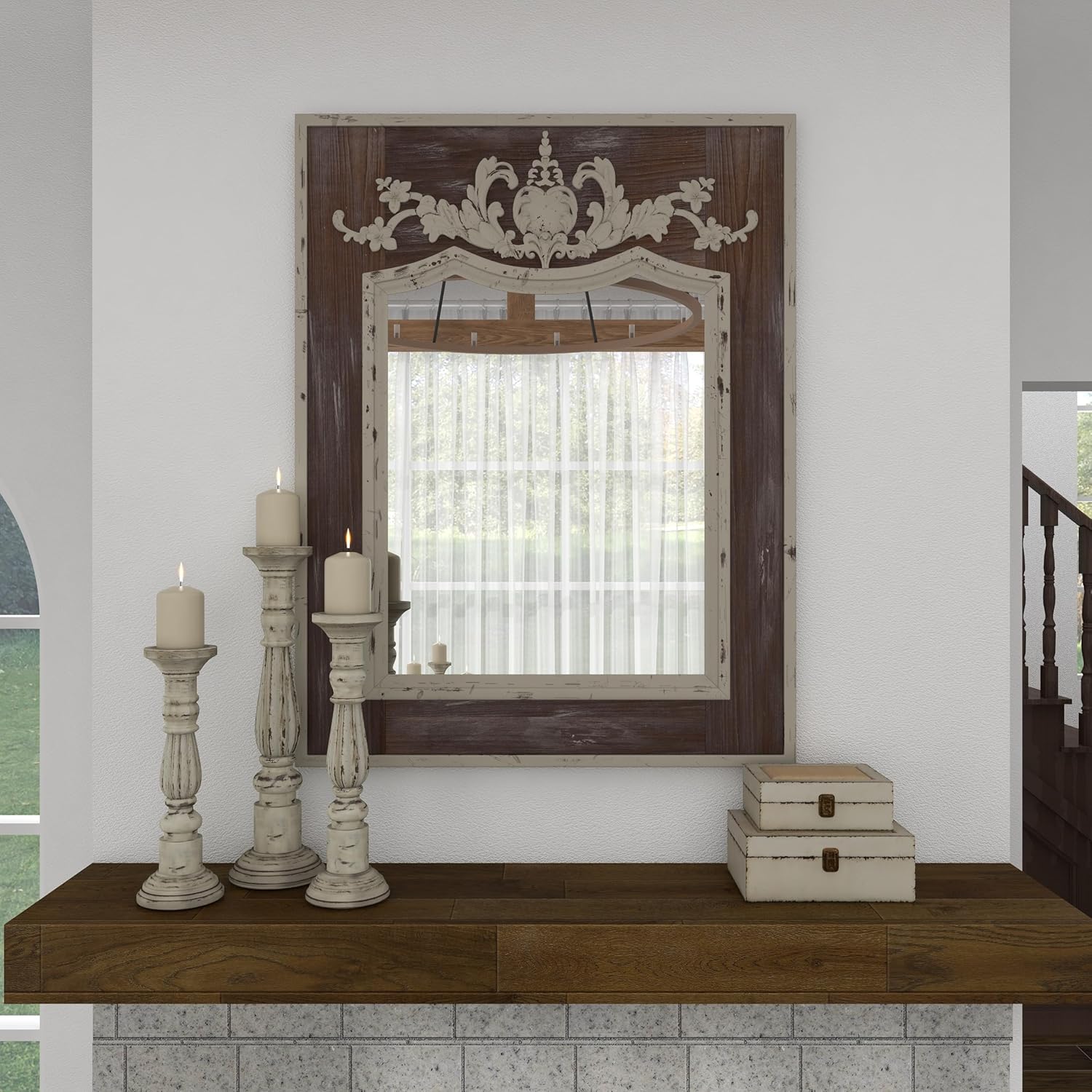 Scalloped 33" x 43" Brown and Cream Rustic Wooden Wall Mirror