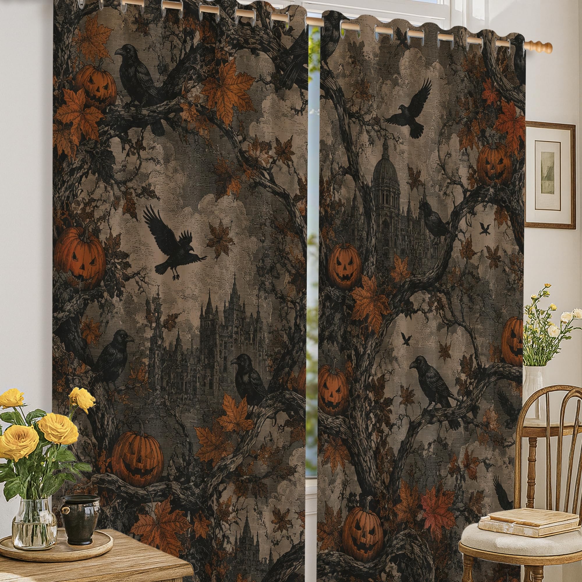 Rideaux occultants gothiques Halloween citrouilles noir 132x160cm