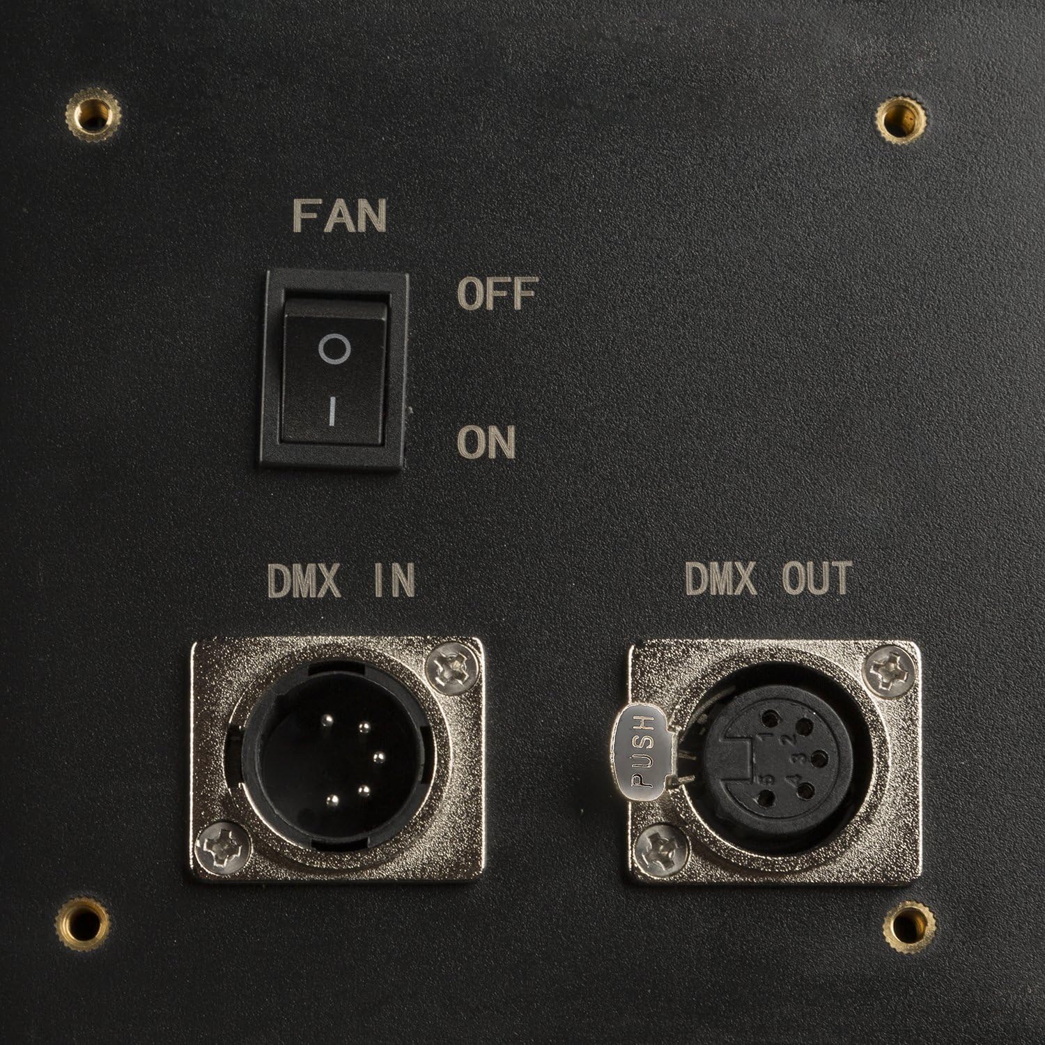 Close-up of DMX IN and DMX OUT ports and fan switch on Ikan Lyra LBx30
