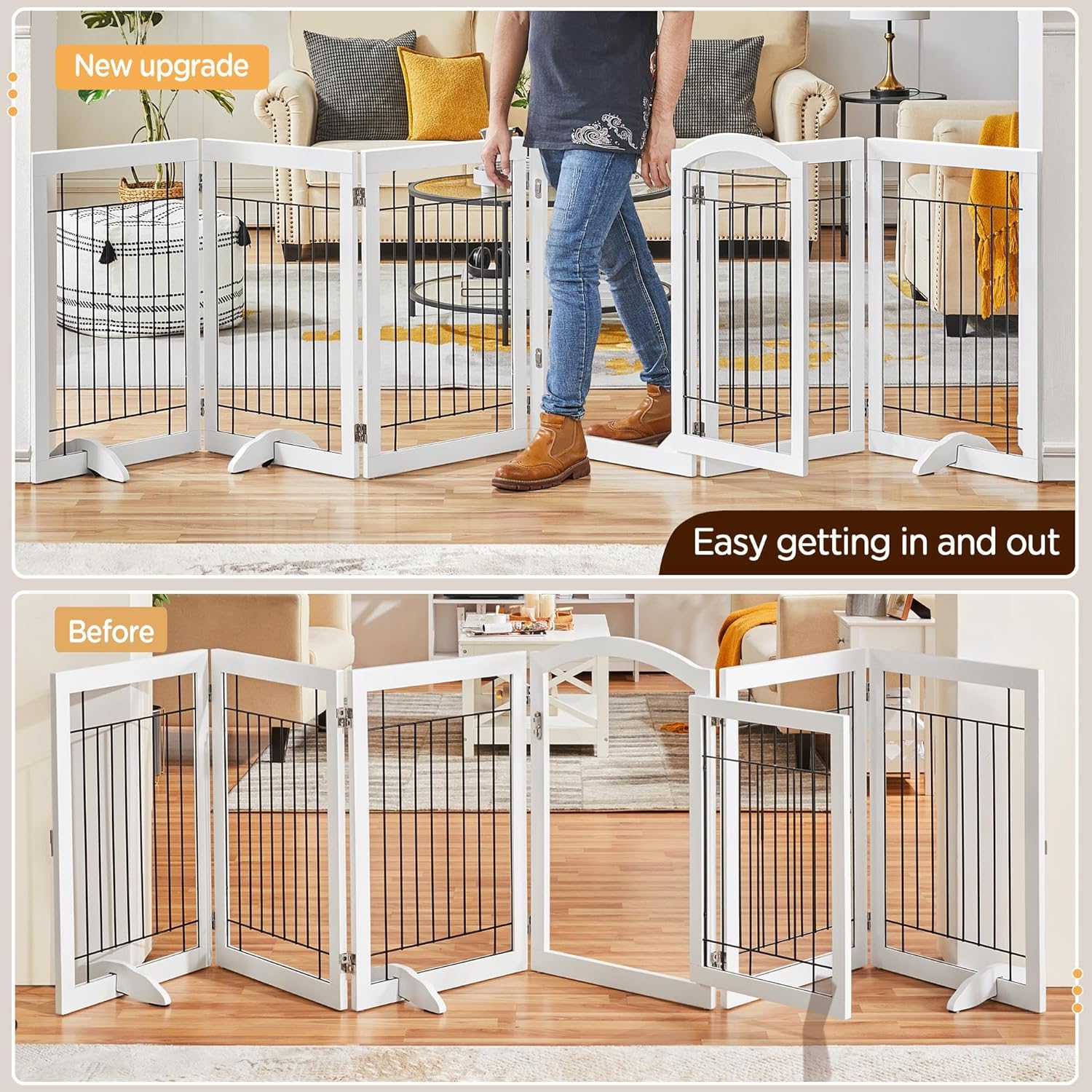Yaheetech 32-inch Tall Dog Gate with Door Extra Wide Pet Gate for Dogs, Foldable Wire & Wooden Puppy Safety Fence w/3 Support Feet,Freestanding Dog Gate for The House, Doorway, Stairs(White,6 Panels)