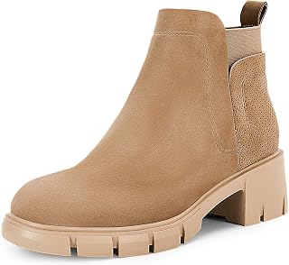 Womens Chelsea Ankle Boots Slip On Chunk Block Heel Lug Sole Elastic Platform Booties Suede Leather Winter Shoes