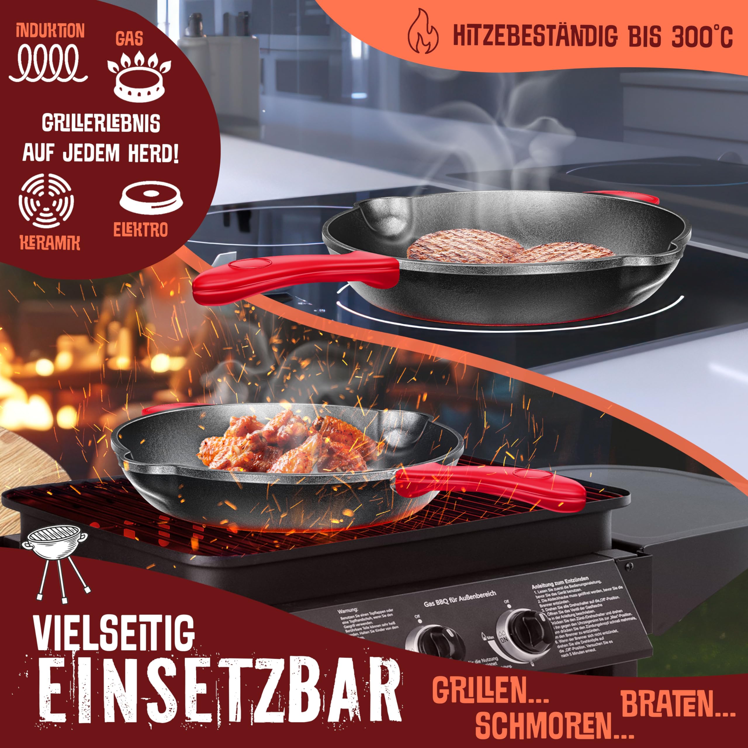 KESSER® Gietijzeren Pan Vierkant 30cm Gietijzeren Braadpan Inductie | Cast Iron Pan voor Gasgrill, Oven, Houtskoolgrill | Steakpan Ingebakken | Inclusief Beschermgrepen, Receptenboek en Reinigingsring