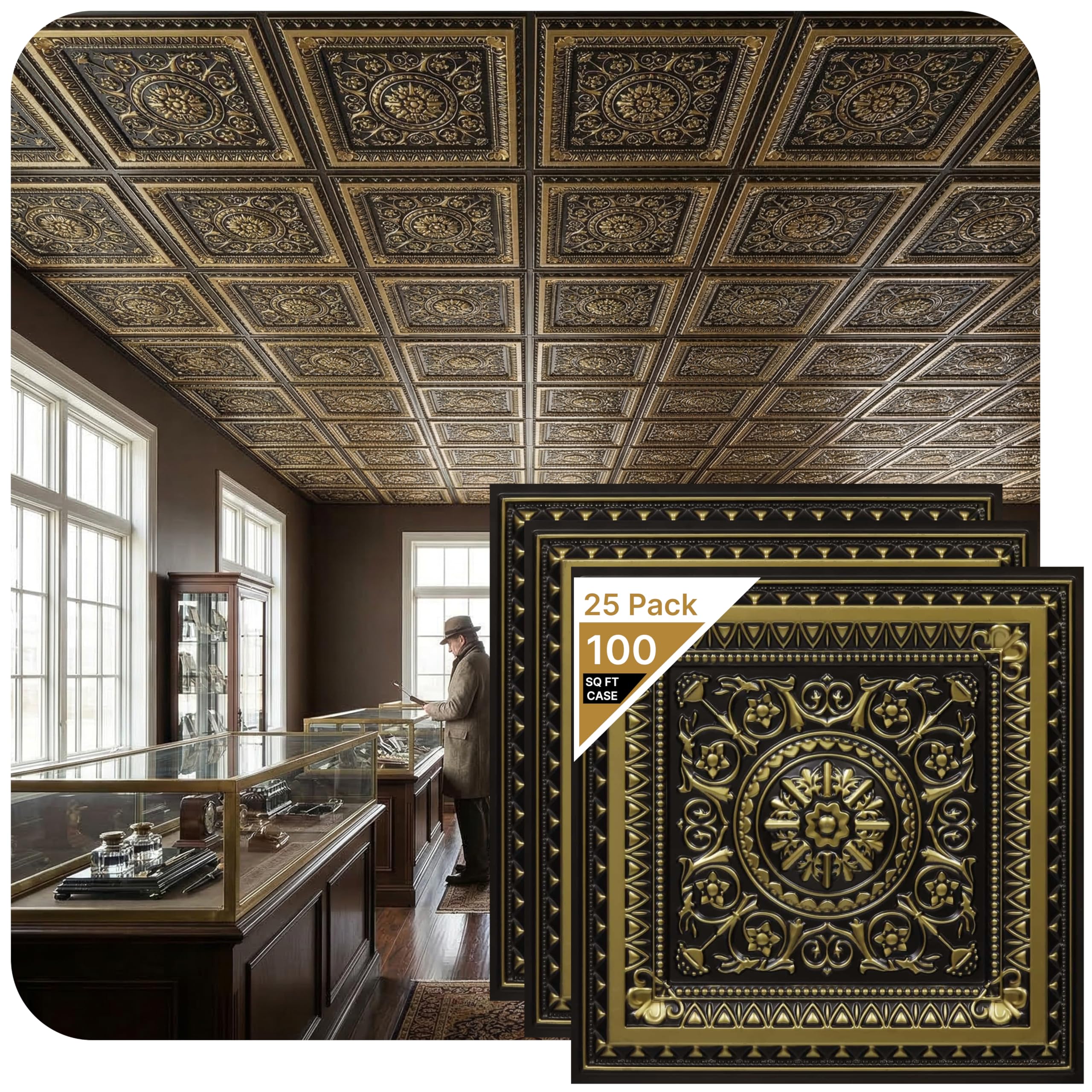La Scala-Faux Tin Ceiling Tile - Antique Brass 25-Pack, Ceramic