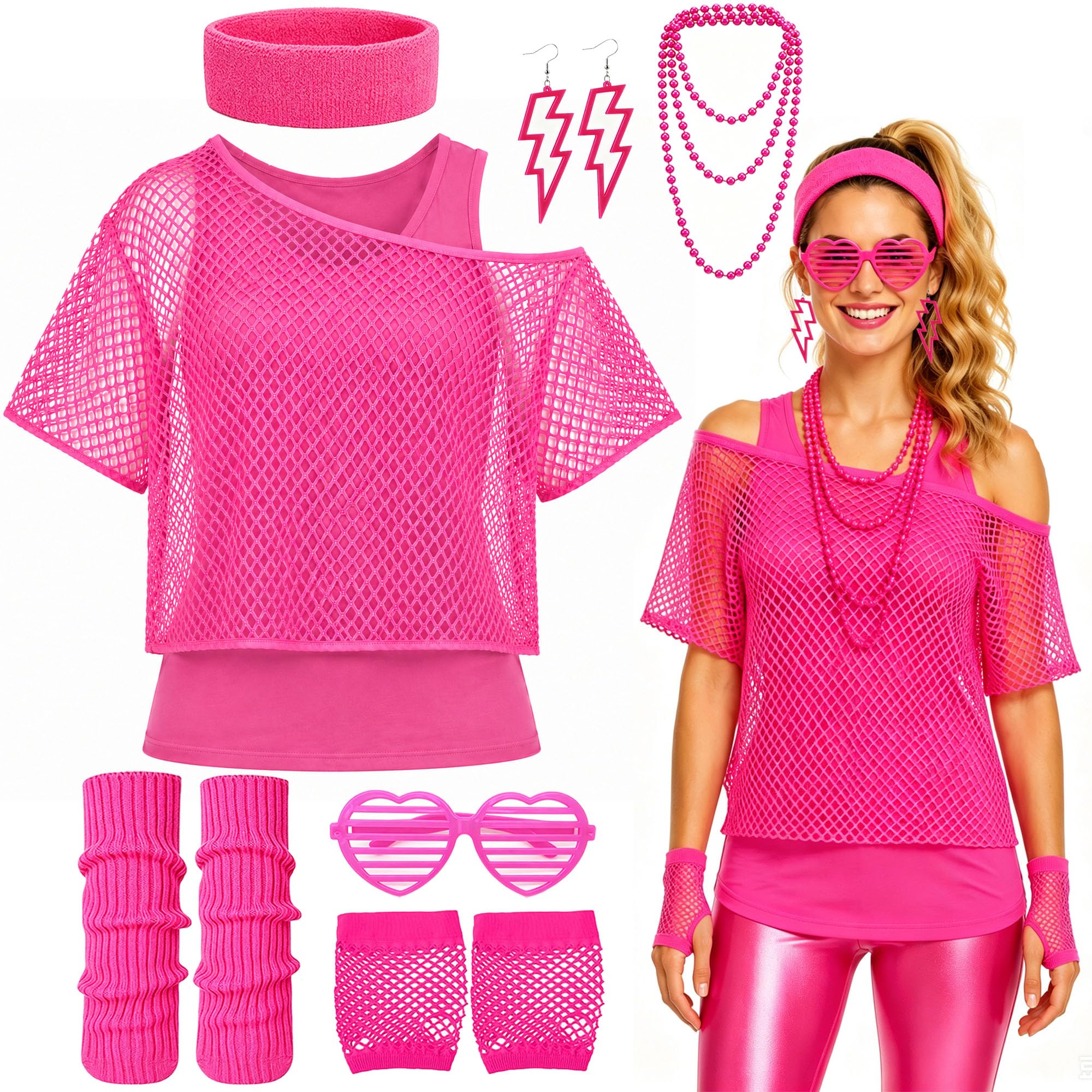 Oplurea 80s Fancy Dress for Women, Neon Retro Pink Fishnet Top Costume Set