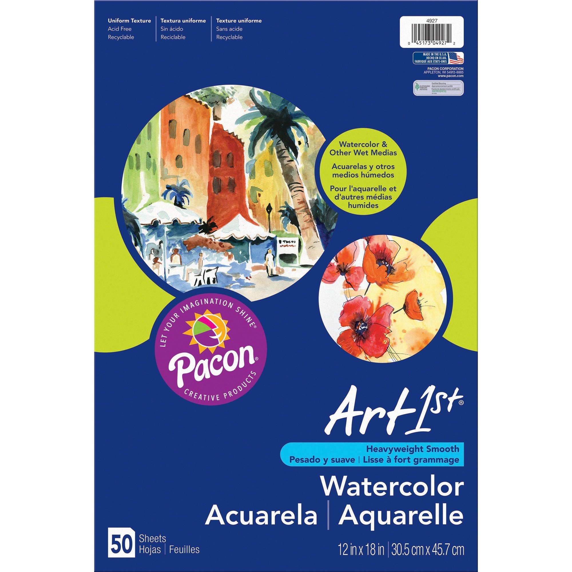 Pacon 4927 Watercolor Paper, 90lb, 12-Inch x18-Inch, 50SH/PK, White
