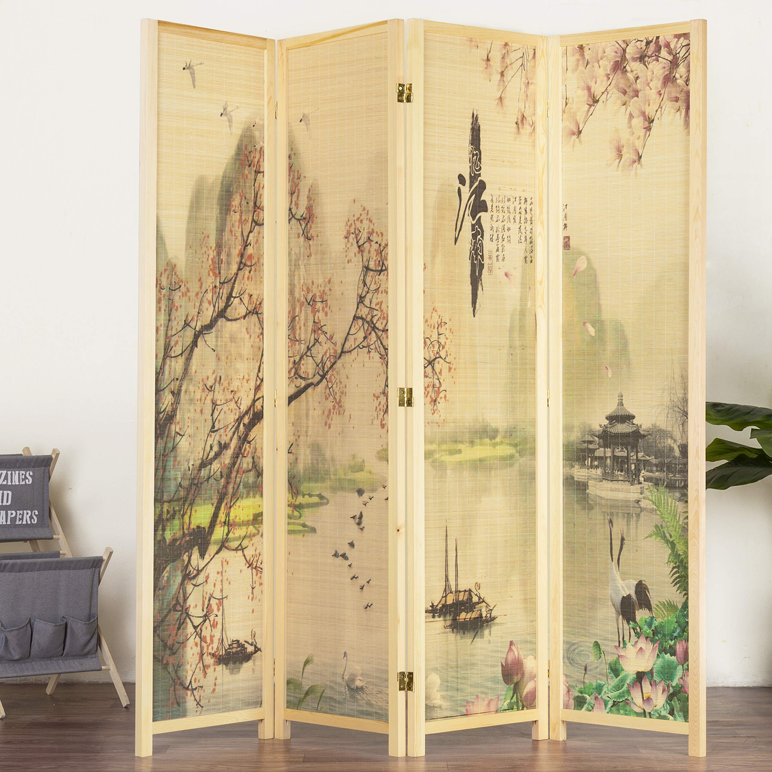 MyGift Decorative 4-Panel Folding Bamboo Room Divider Asian-Inspired Cherry Blossom Scene, Freestanding Floral Artwork Room Partitioner with Beige Wood Frame