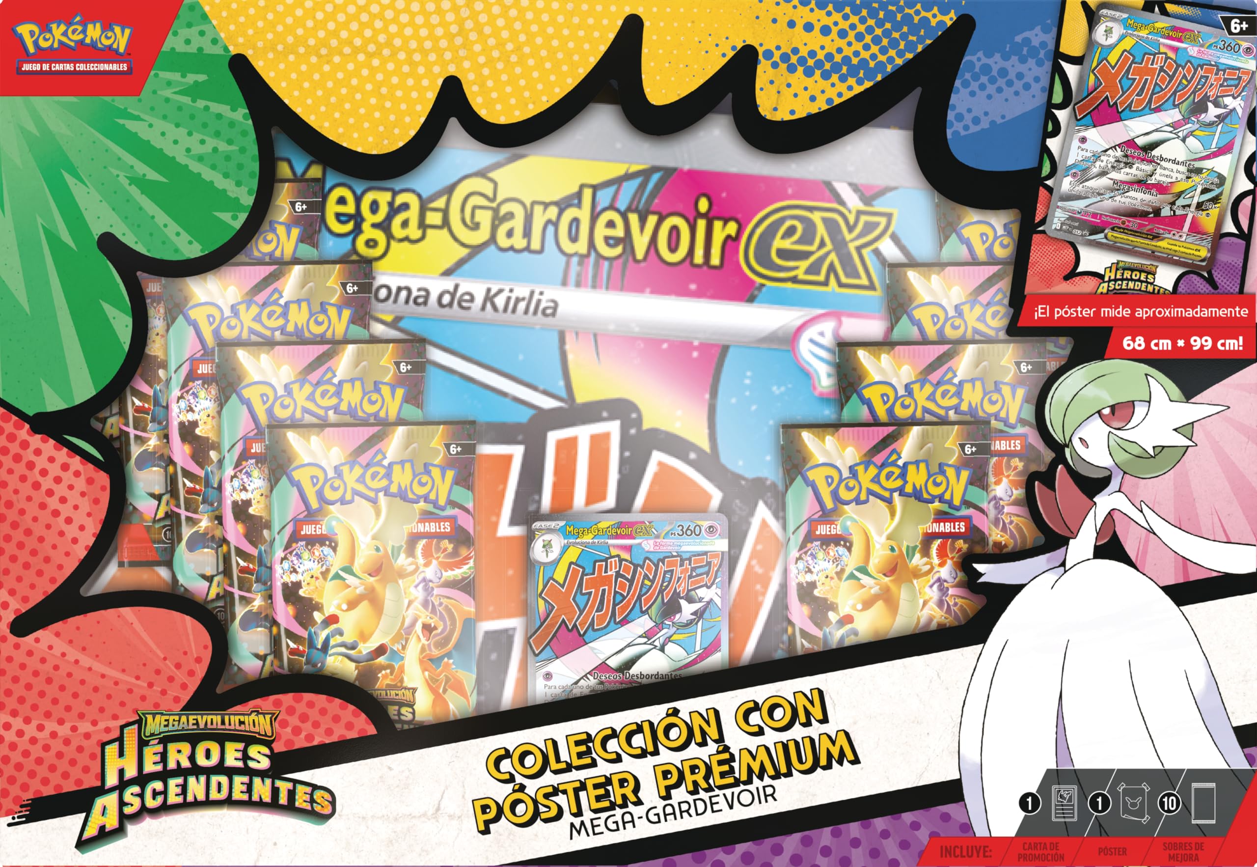Pokémon: Colección con póster prémium Mega-Gardevoir de Megaevolución-Héroes Ascendentes (1 Carta holográfica de promoción, 1 póster Impreso por ambas Caras y 10 Sobres de Mejora)