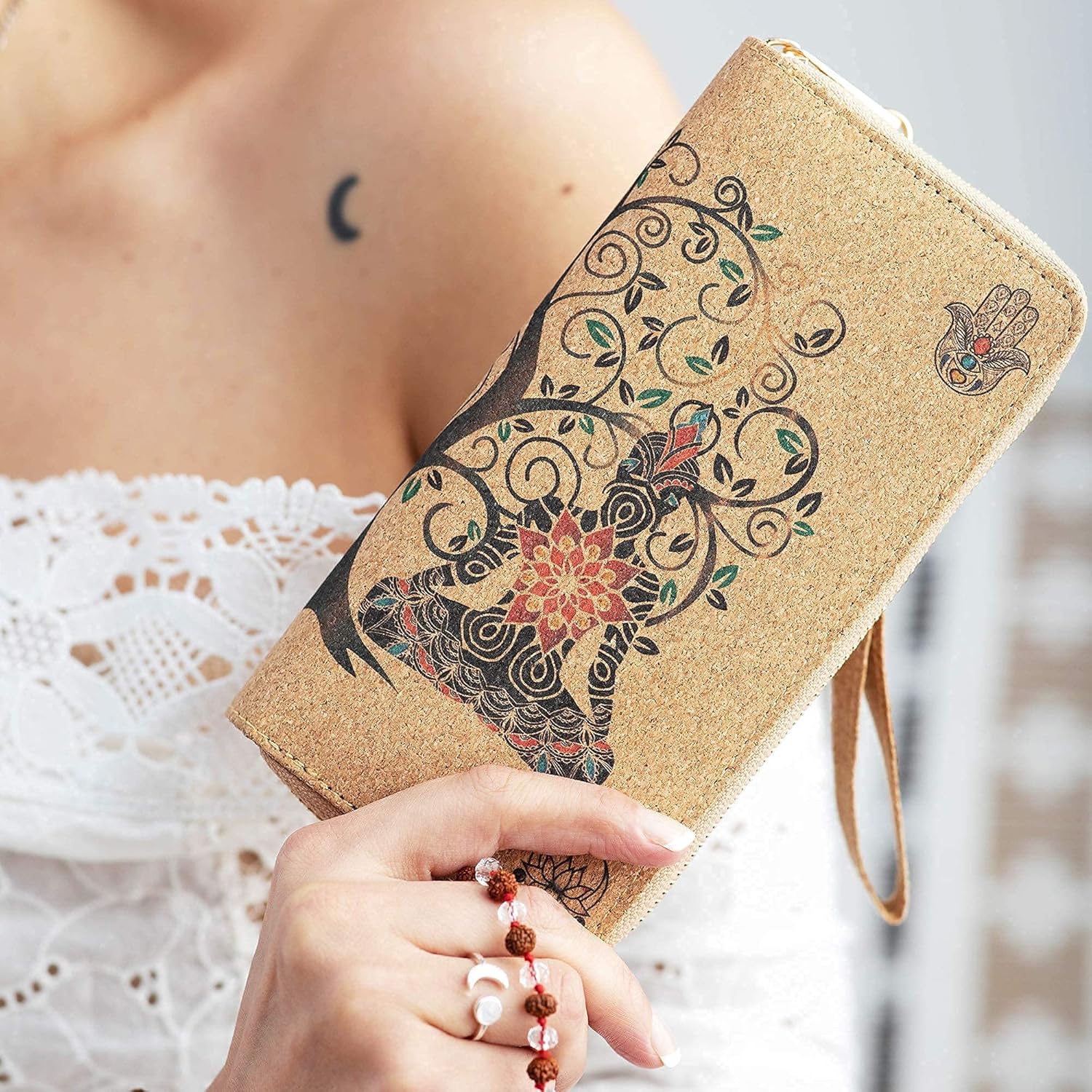 Buddha Cork Vegan Wristlet Wallet - credit card, business cards, coins & bills Room for Cellphone - Image 4