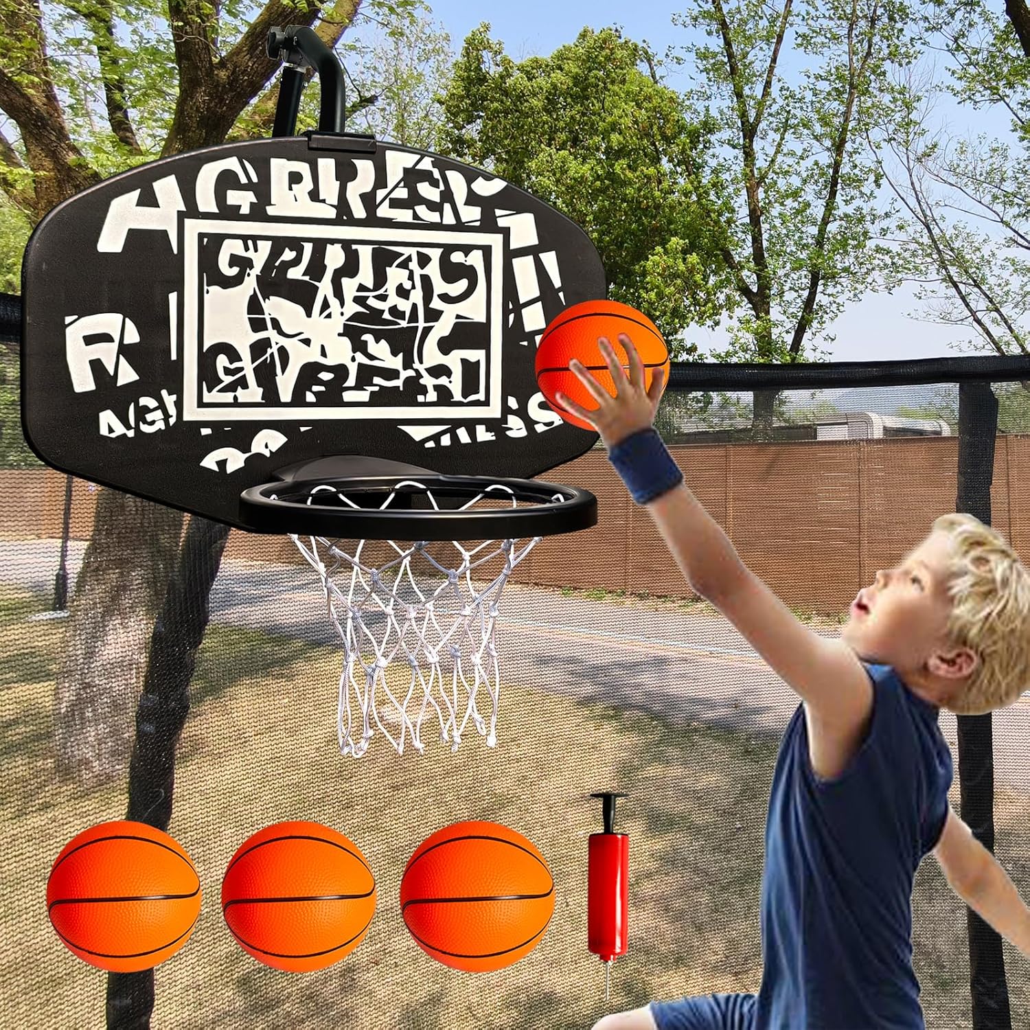 Basketball Hoop for Trampoline, Fits Straight and Curved Pole Trampoline Basketball Hoop Attachment with Balls and Pump, Universal Accessories of All Ages, Height and Angle Adjustable