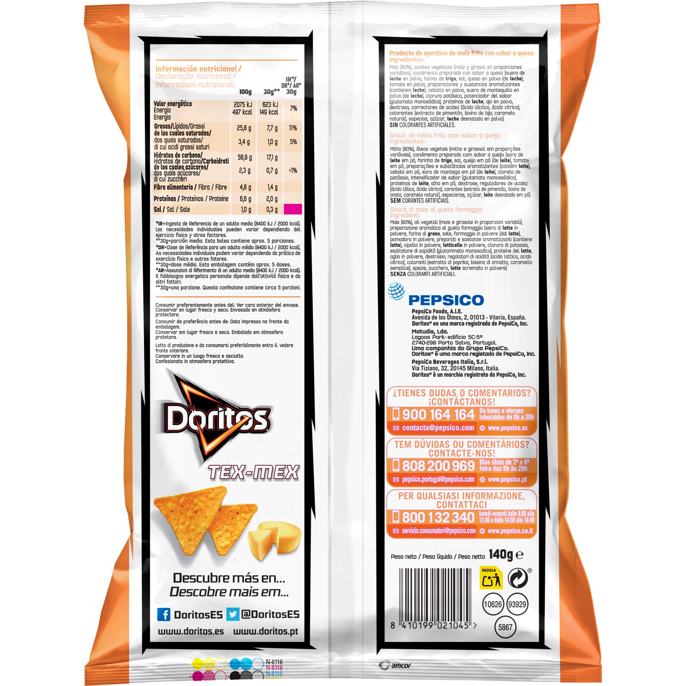 Doritos Tex Mex, Snack di Mais al Gusto Formaggio, Tortillas dalla Croccantezza Irresistibile, Confezione da 9x140g