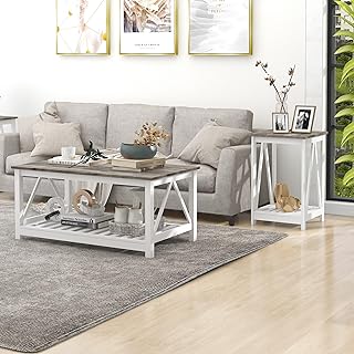 Farmhouse Coffee Table and End Table Set, Oak Grey Wooden Living Room Fu...