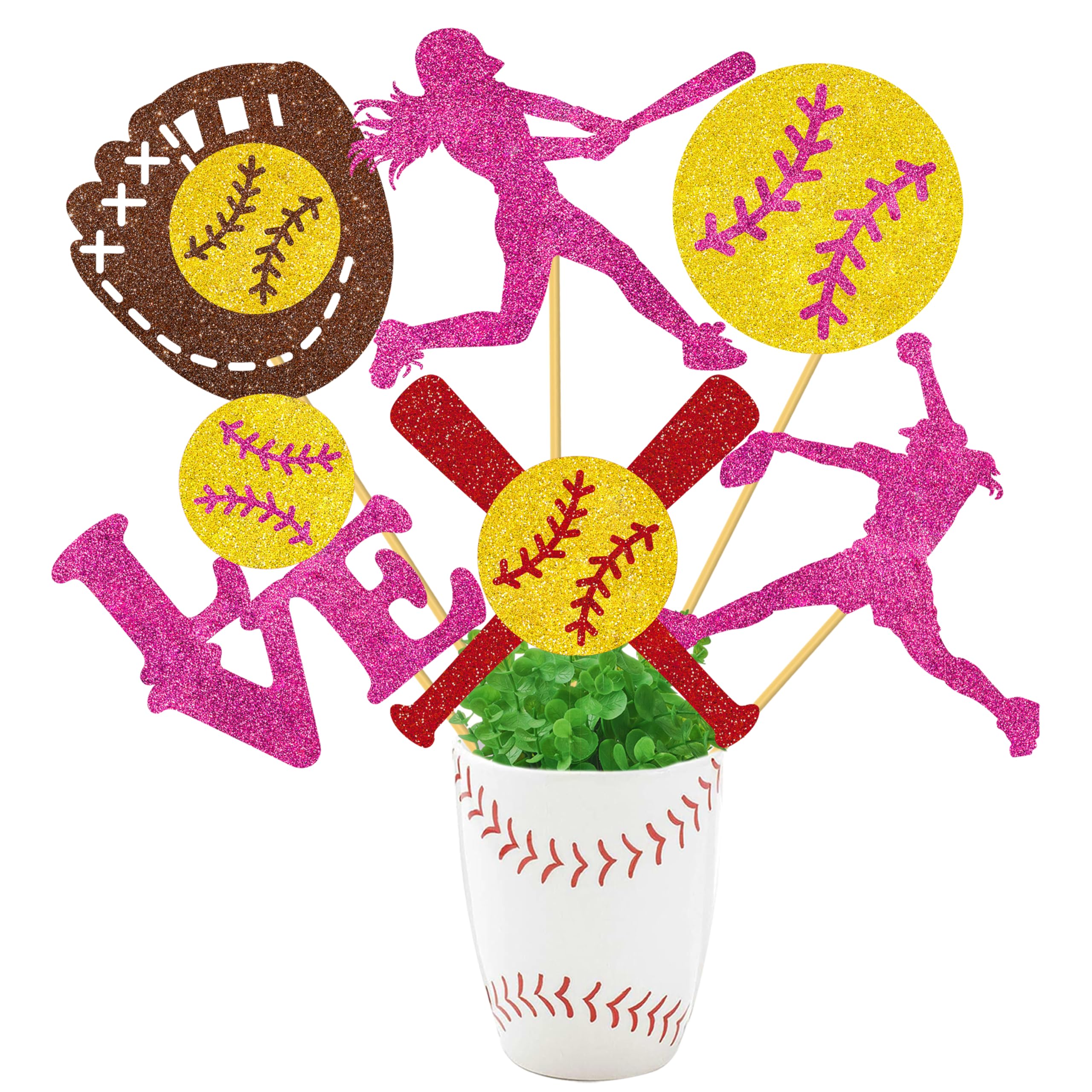 12pcs Softball Party Centerpiece Sticks Glitter Softball Birthday Party Centerpiece Decorations for Girls Softball Theme Party Table Toppers for