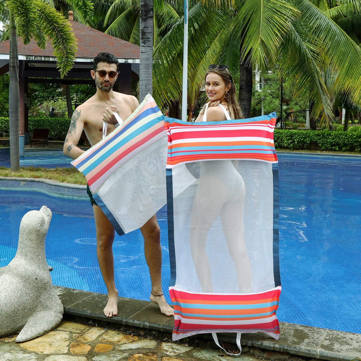 FindUWill Fabric Pool Hammock Floats, XL, 2Pack Inflatable Water Hammocks Floaties 4-in-1 (Saddle, Lounge Chair, Hammock, Drifter), Pool Float Lounger for Adults - Image 3