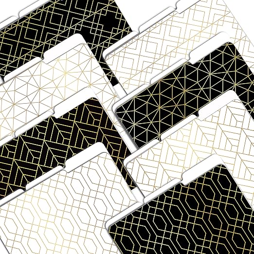 Better Office Products Decorative File Folders, 24 Pack, 8 Designs (4 Black & 4 White) Heavyweight, Letter Size (9.5" x 11.5") with 1/3 Cut Tab, Geometric Gold Foil Designs, Fashion Folders
