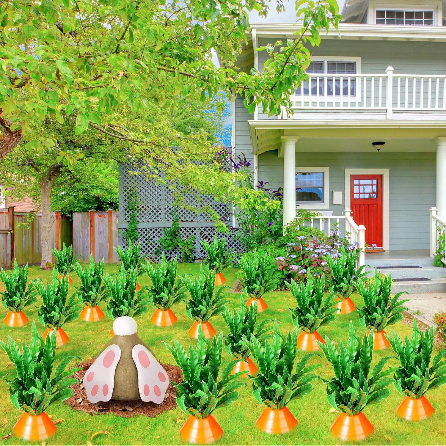 HyDren 18 Set Easter Carrots Yard Decor with Digging Bunny Fade Resistant DIY Fake Ferns Carrots Yard Stake Easter Garden Decor Outdoor Lawn Sign for Spring Home Lawn Garden Decoration Party Supplies