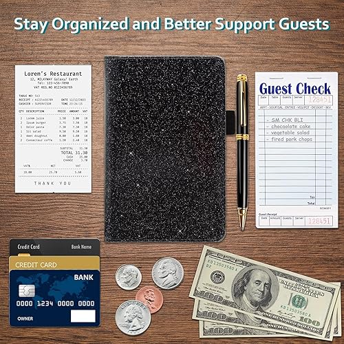 Miniatura 32 de RSAquar Libreta de servidores con bolsillo con cremallera, libros de cuero de primera calidad para camarera, cartera para camarera, delantal