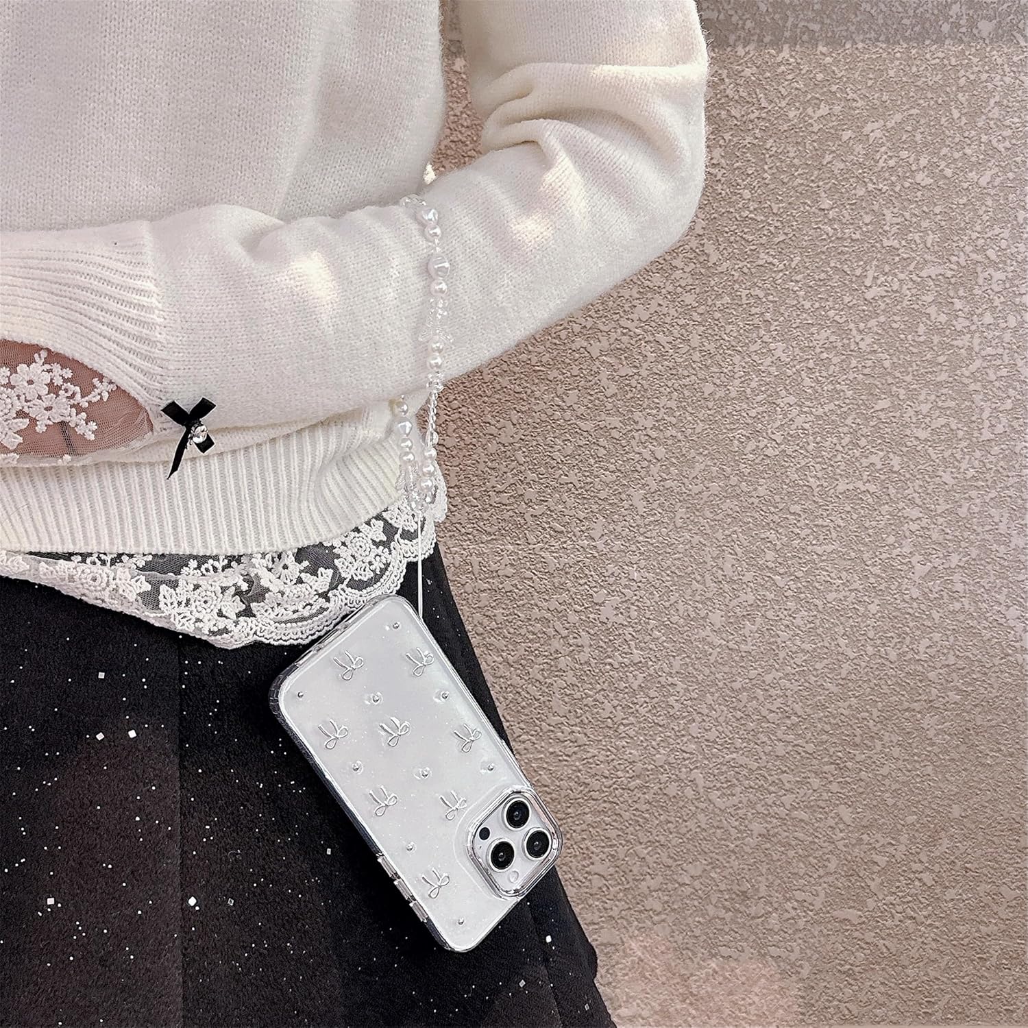 for iPhone 14 Case, [Premium 3D Silver Bow Pattern] [Transparent Creative Case] [2-in-1 Beaded Wrist Strap] Soft TPU Shockproof for Women and Girl - Image 8