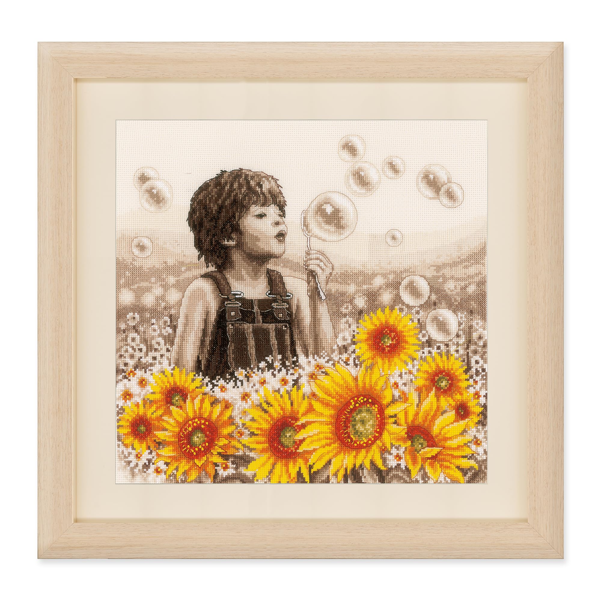 VERVACO Haft Krzyżykowy Liczony Zestaw Obraz do Haftu CHŁOPIEC ZE SŁONECZNIKAMI Zrób to Sam Zestaw Kreatywny dla Dorosłych 33 x 33 cm Dekoracja Ścienna DIY Cross Stitch Kit