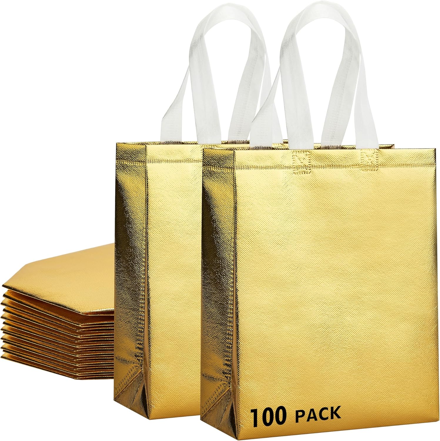 RACETOP 100 Pcs Gold Reusable Gift Bags Medium Size, 8x4x10 Inch Gold Gift Bags with Handles & Sturdy Base, Ideal for Birthday, Wedding, Bachelorette, Party Favors, Holiday Goodie