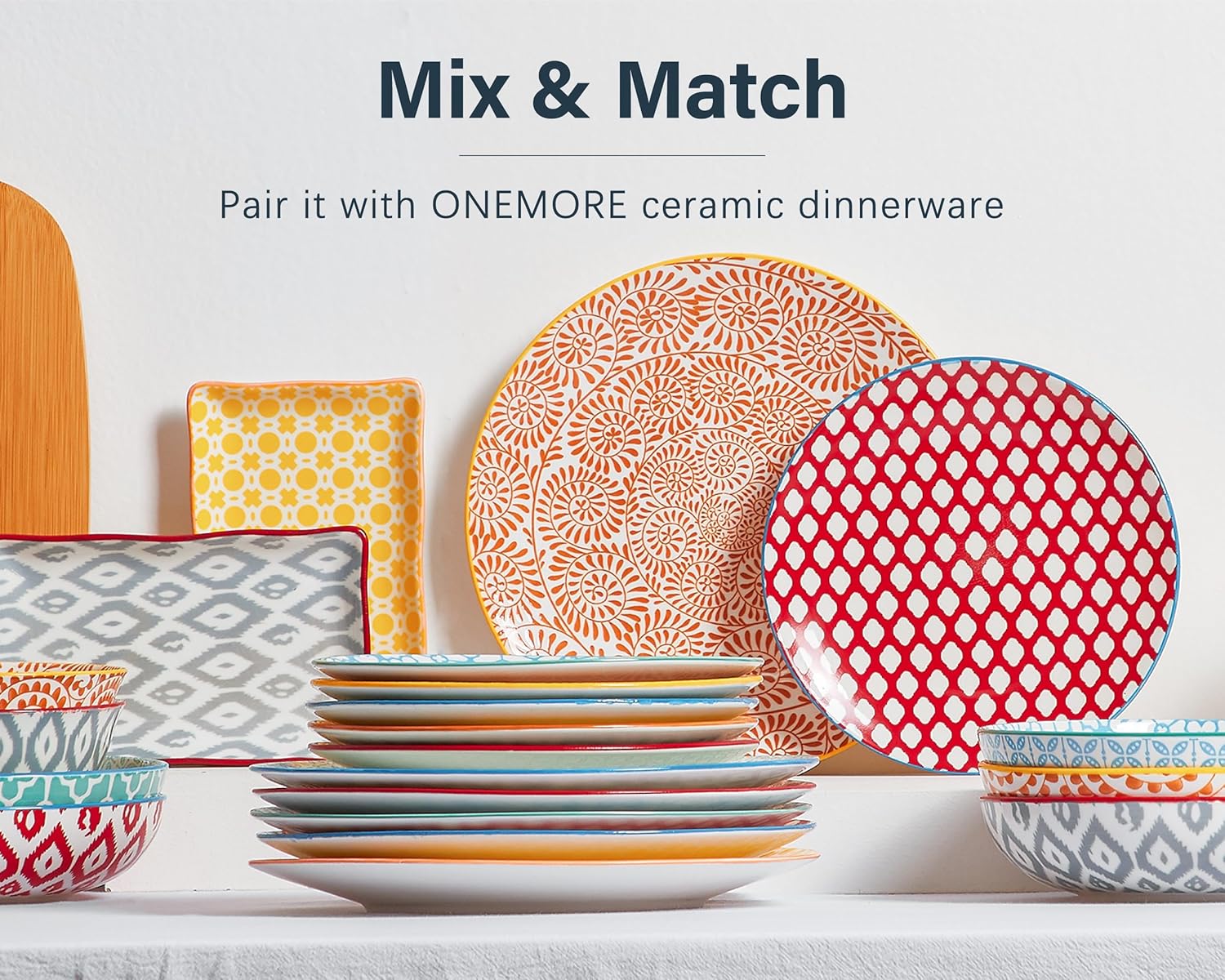 ONEMORE Colorful Dinner Plates Set of 6,10.5 inch Porcelain Salad Plates - Microwave, Oven & Dishwasher Safe Large Ceramic Plate for Pasta, Pizza - Geometric Style Scratch Resistant - Assorted Colors