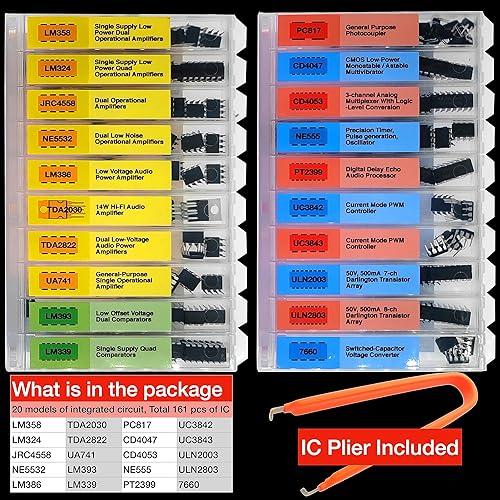 Miniatura 3 de EEEEE IC kit 161 piezas, 20 modelos Chip Surtido Conjunto Analógico Circuitos Integrados Electrónica Piezas Opamp Pack, 555 Componentes