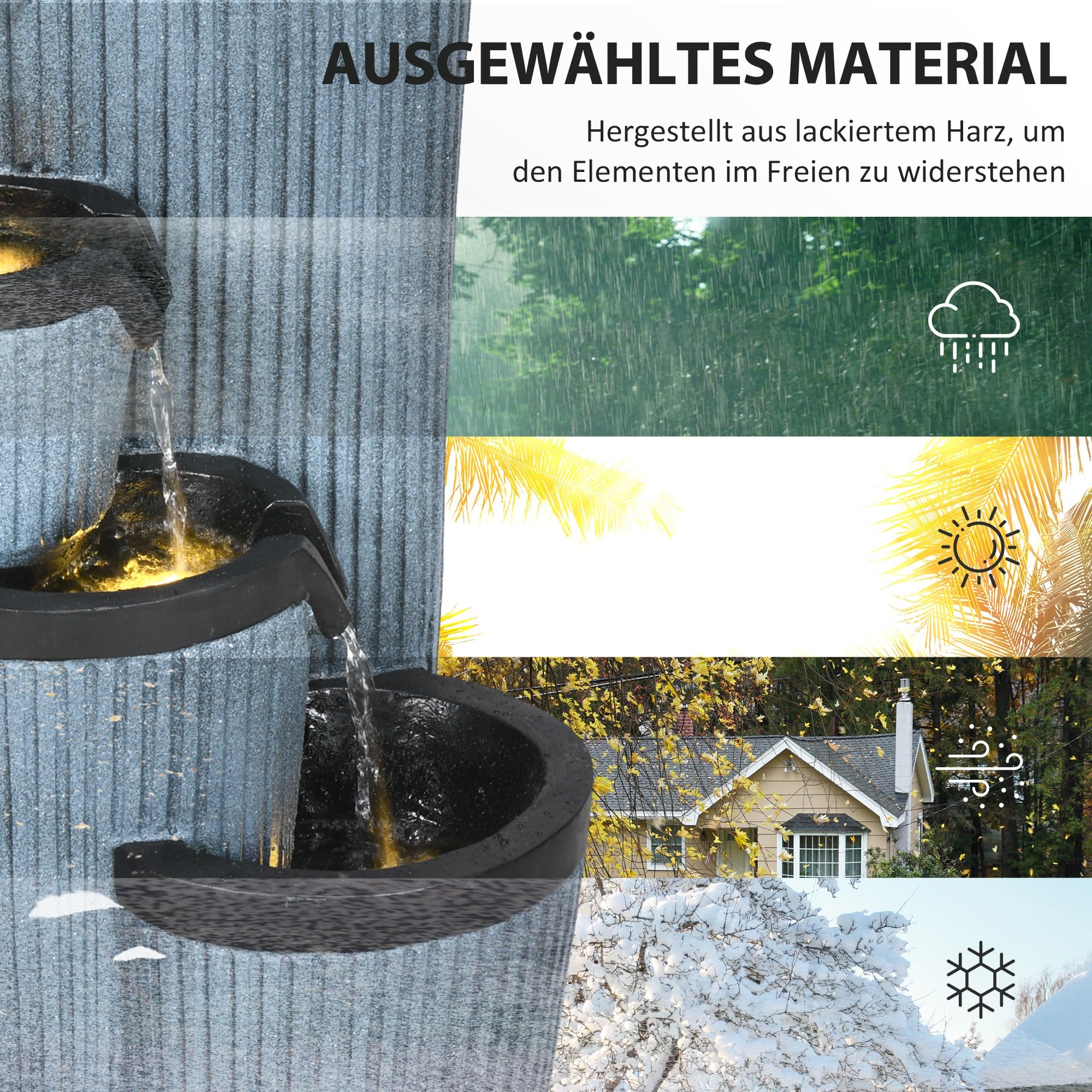 Outsunny Gartenbrunnen, Solar Springbrunnen, Wasserbrunnen mit LED-Beleuchtung, 4 stufiger Zierbrunnen mit Blumenkasten für Garten, Balkon, Kunstharz, 33 x 30 x 57,5 cm
