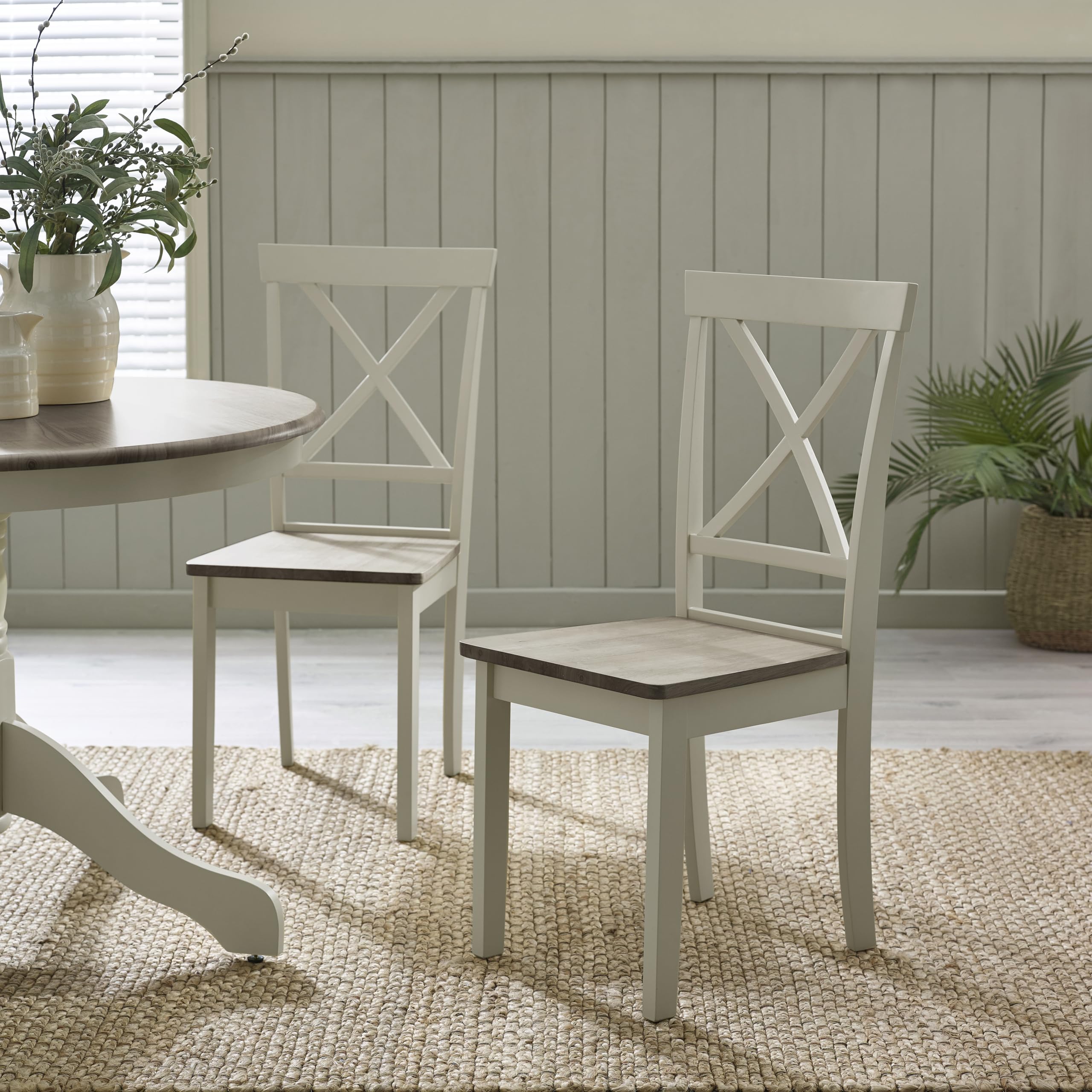 Furniturebox UK Wooden Dining Chairs - 2x Millford Light Grey & Limewash Effect Solid Wooden Dining Chairs - Cross Back - Modern Rustic Farmhouse Kitchen Furniture - Solid Rubberwood