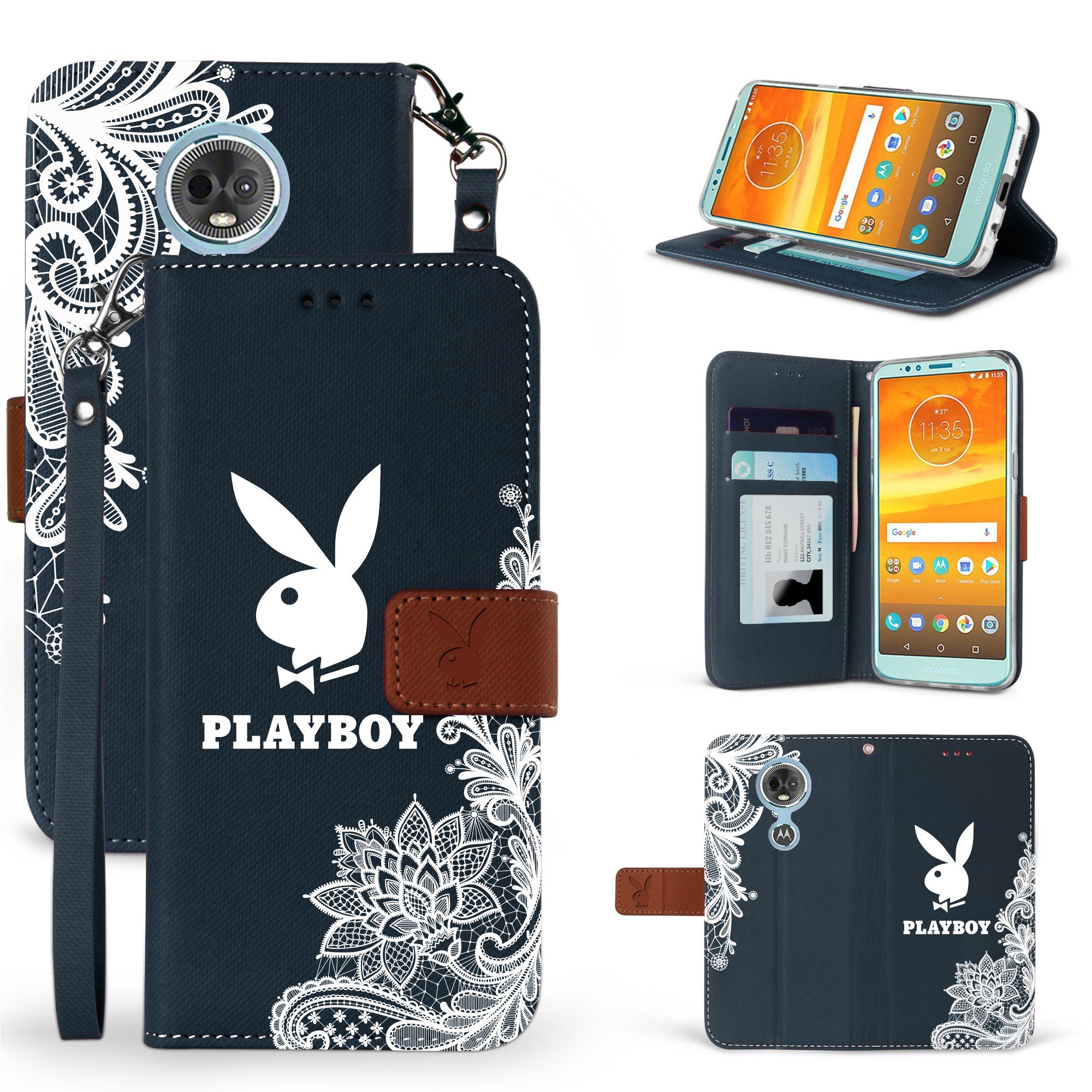 Buy Moto E5 Plus 6" Case, Official Licensed Playboy Wallet Cover with Phone Strap Flap