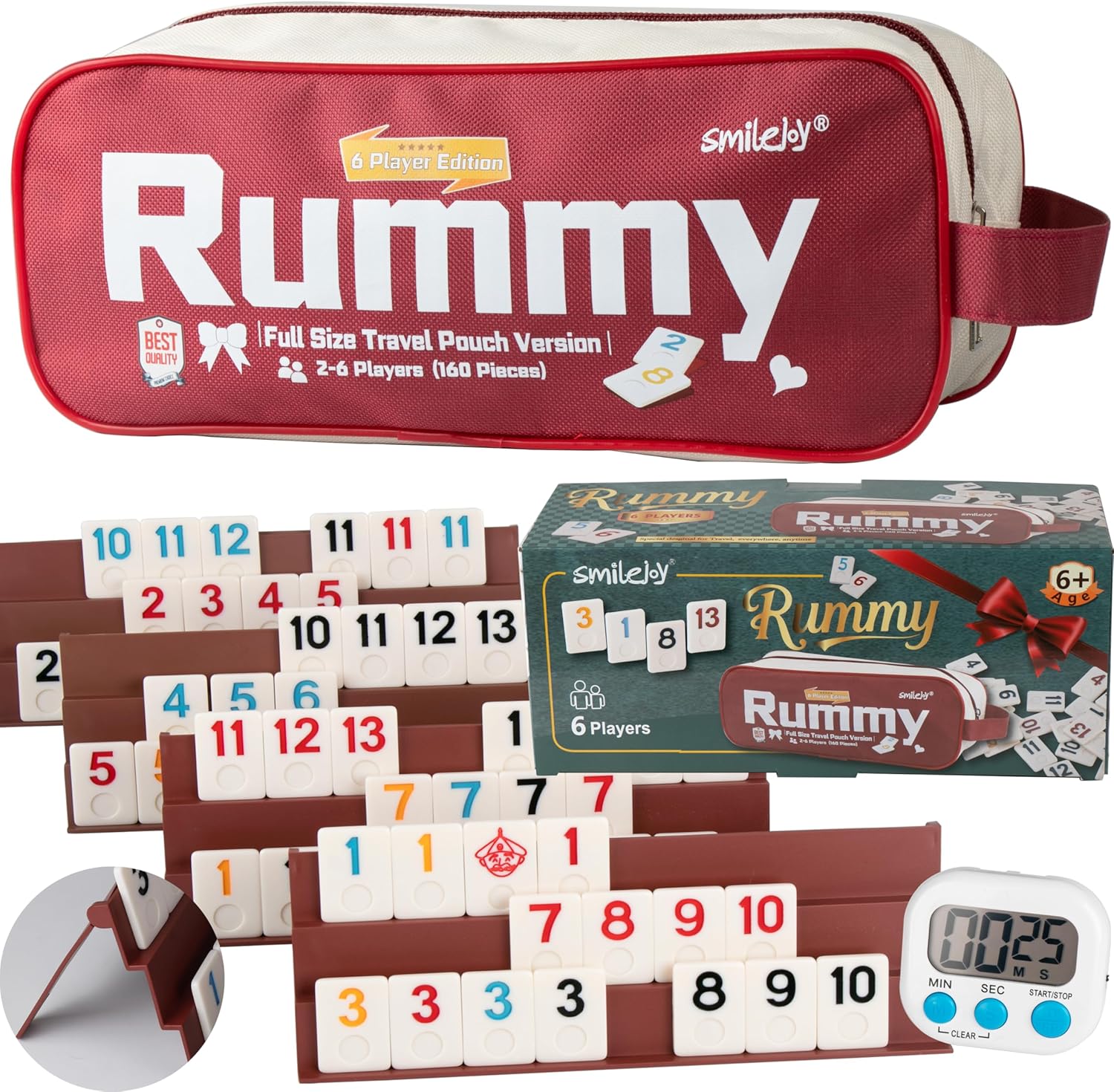 Smilejoy Rummy Cube 6 Players Edition, Full Size Travel Rummy Game Set with Travel Portable Canvas Bag,Classic Board Game for Adults and Kids |160 Tiles | 6 Playing Racks |1 Timing | (2-6 Player)