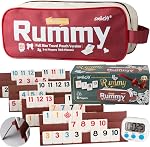 Smilejoy Mini Rummy Game,Travel Size Rummy Cube with Durable Canvas Bag, Classical Board Game for Adult and Kids,106 Tiles, 4 Playing Rack, 1 Dice (2-4 Players)