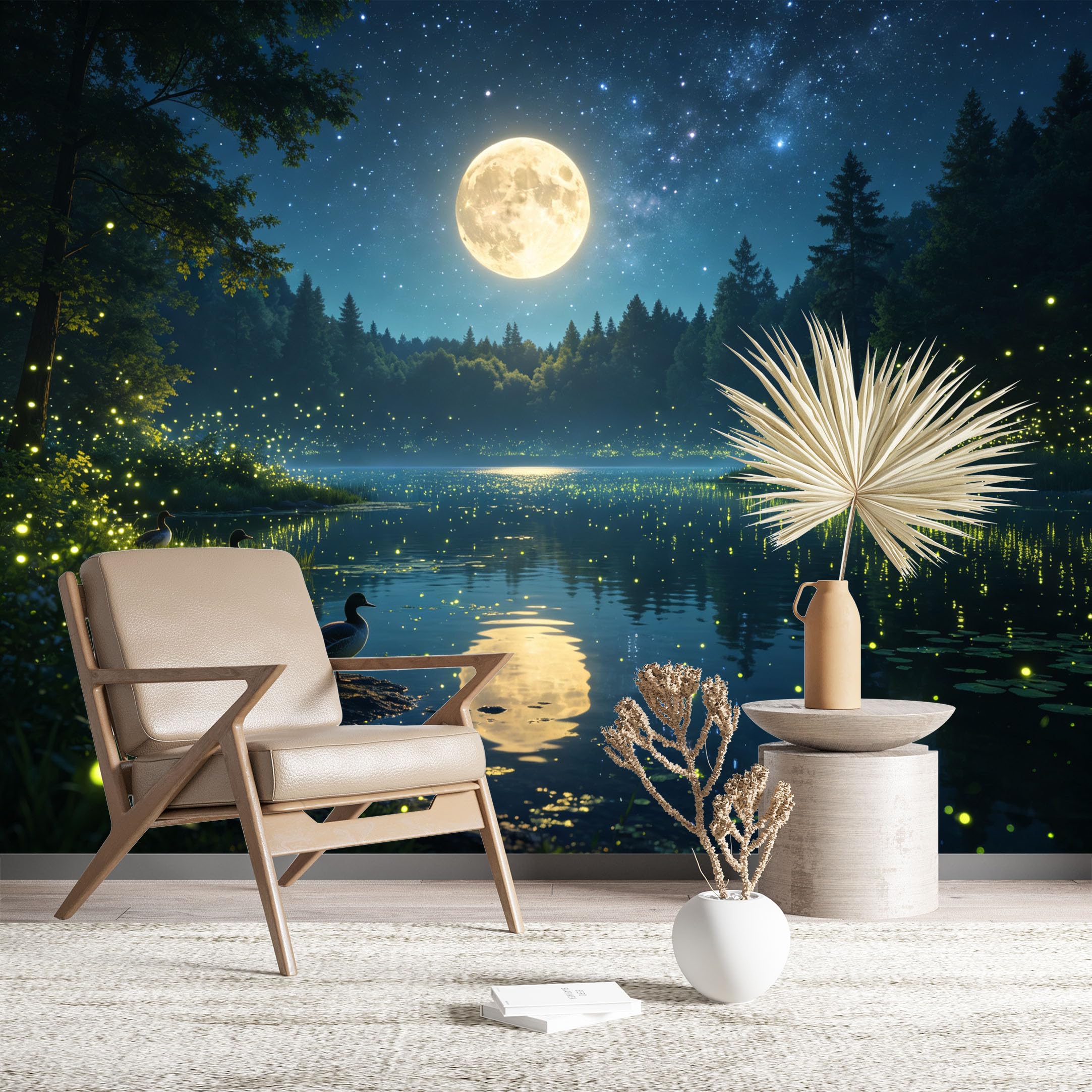 Custom Size Wall Murals Moon Lake with Fireflies HD Self-Adhesive Wall Fabric (NO PVC) Removable Wallpaper for Living Room Bedroom