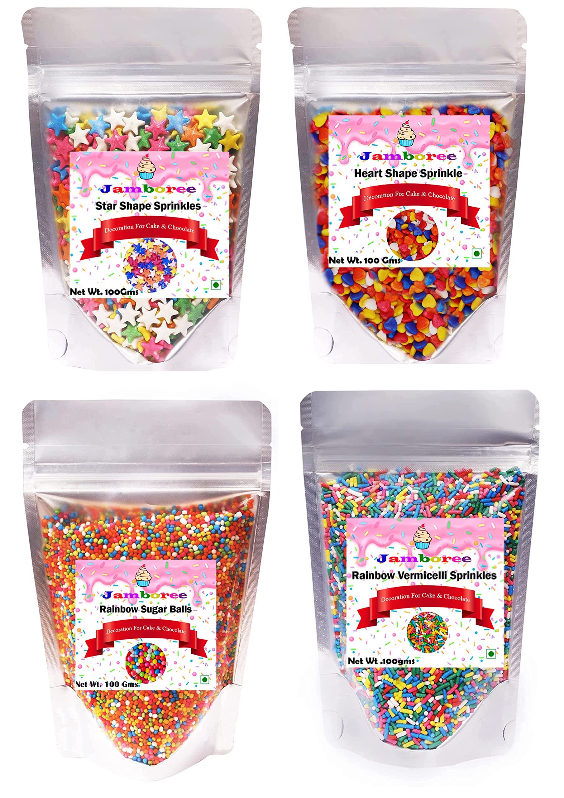 Heart | Star | Round | vermicelli | Sugar Mixed Color Sugar Pin Ball Fudge DIY Cake Baking Sprinkle Sugar Sugar Ball Wedding Cake Decoration Sprinkles (400 g, Pack of 4)