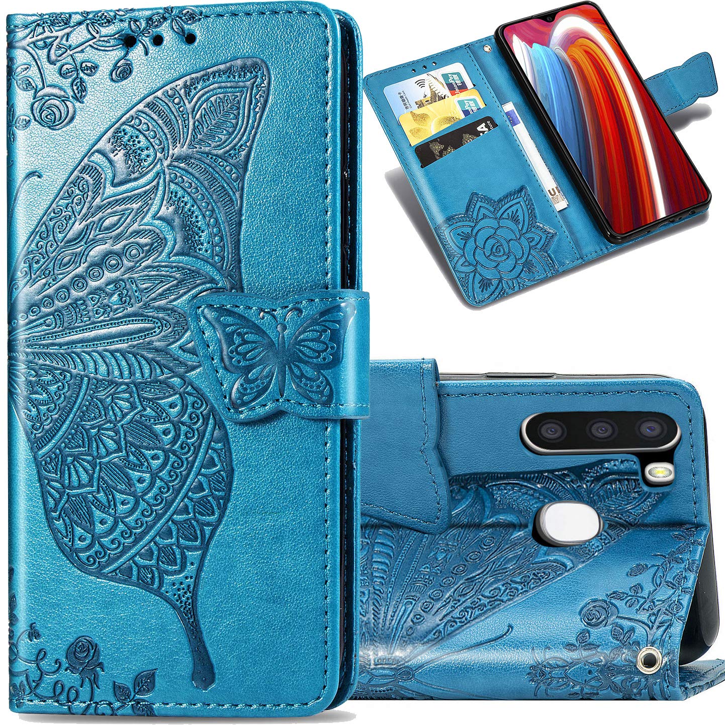 CCSmall Wallet Case for Samsung Galaxy A11 for Women Girls, Embossed Floral Butterfly PU Leather Folio Flip Case Cover with Card Slot Holder for Galaxy A11/M11 HZD Blue