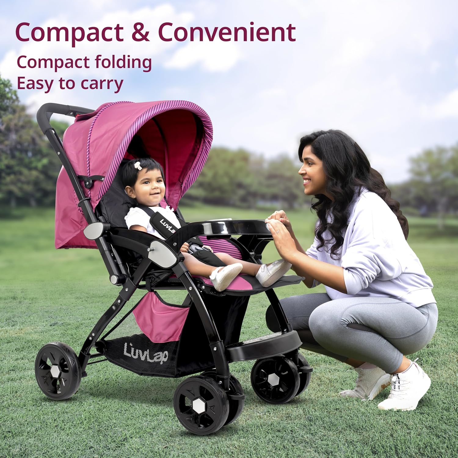LuvLap Galaxy baby stroller, Pram for baby with 5 point safety harness, Spacious Cushioned seat with Multi level seat recline, Easy Fold, Lightweight baby stroller for 0 to 3 years (Pink & Black) 7 91YMLkapPML. SL1500