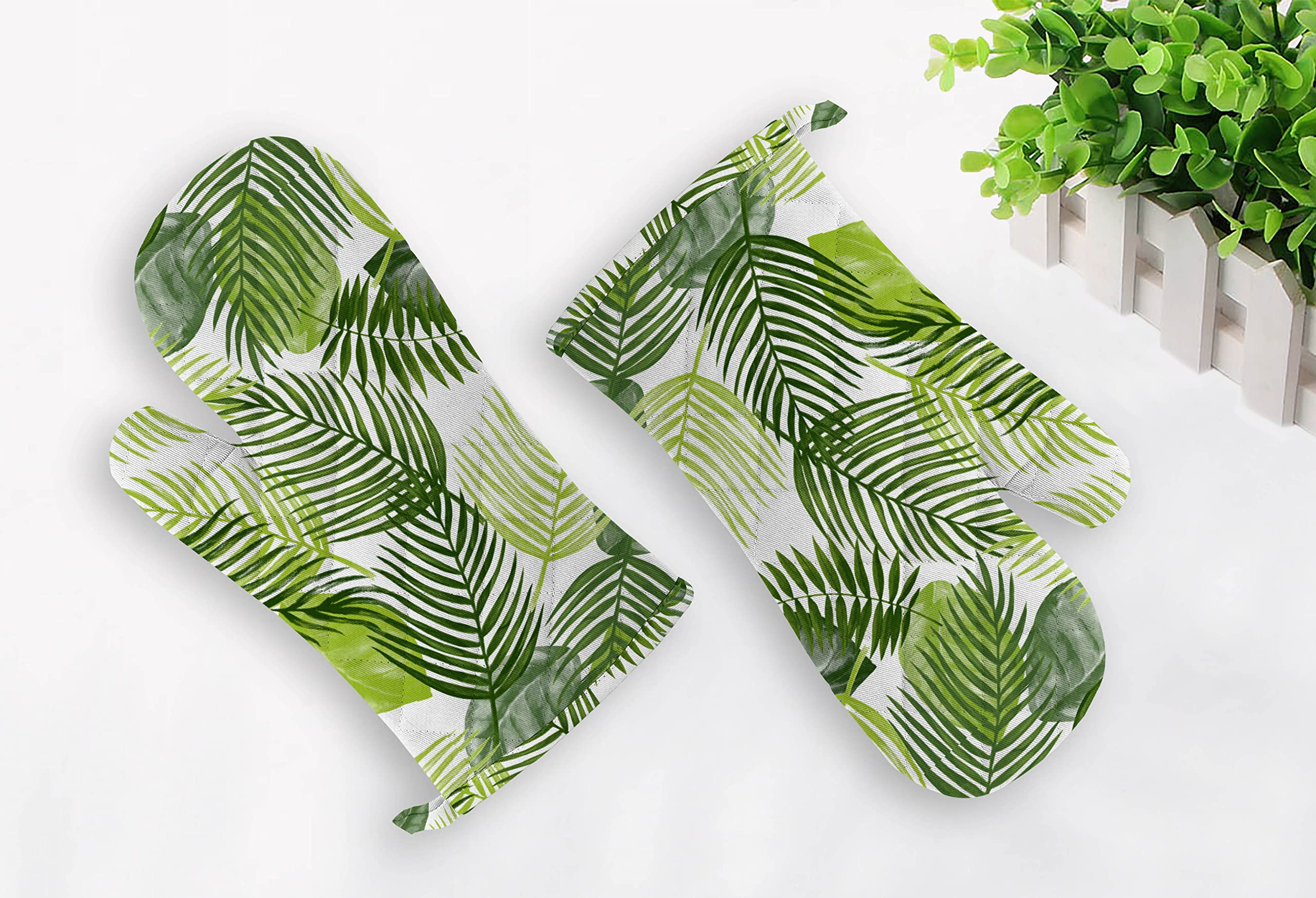 Oasis Home Cotton Shell with Inner Polyester Printed Glove Set - K Green Leaf (Pack of 2)