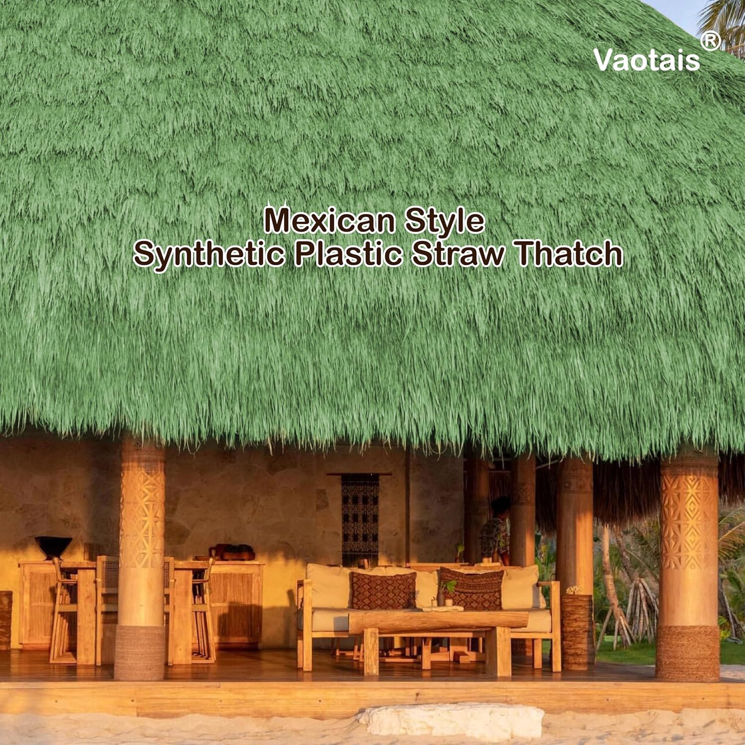 Mexican Style Synthetic Plastic Straw Thatch - 4 Colors (Palm Tree Brown, Tropical Green, Straw Yellow, Dried Grass Gray) - for Tiki Bar, Patio, Palapa & Party Decor (Tropical Green, 30ft x 16in)
