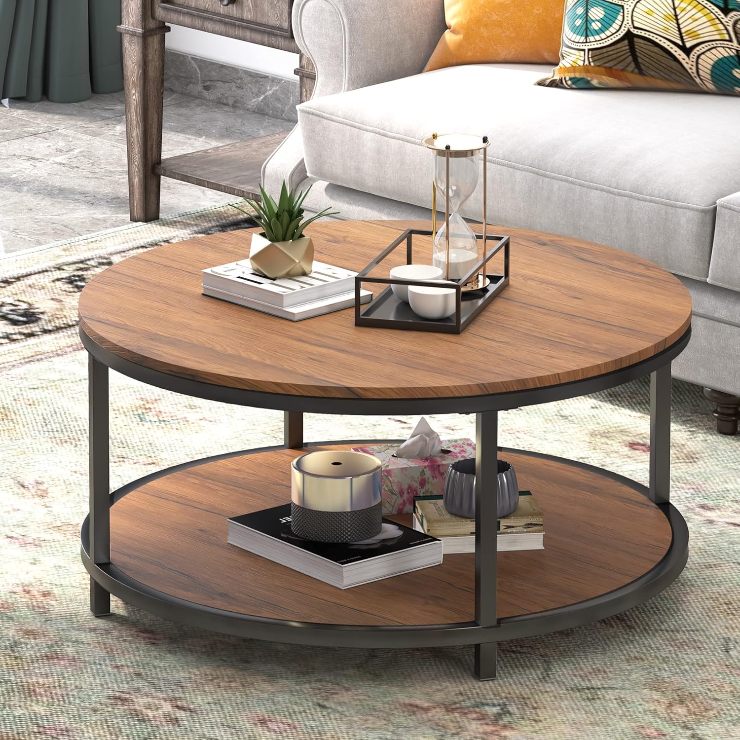 Round Coffee Table Rustic Vintage Industrial Design Furniture Sturdy ...
