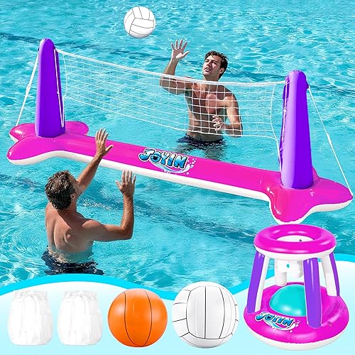 Miniatura 13 de JOYIN Juego de flotador de piscina inflable con red de voleibol y aros de baloncesto; bolas incluidas para niños y adultos, juego de piscina