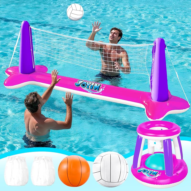 JOYIN Juego de flotador inflable para pileta, red de voleibol y aros de baloncesto, juego de natación flotante, flotadores de juguete para niños y adultos, cancha de voleibol (105 x 28 x 35 pulgadas) | Baloncesto (27 x 23 x 27 pulgadas), L-rosa morado