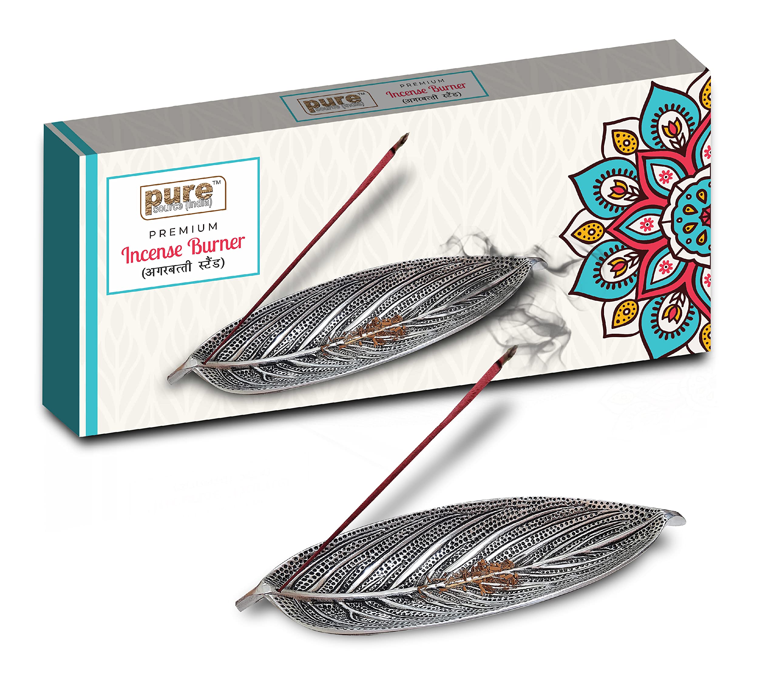 Pure Source India Aluminum Incense Holder & Ash Catcher Agarbatti Stand Coming in Gift Packing for Diwali Gift (10 x 3.25 x 2 inch, Antique Silver)